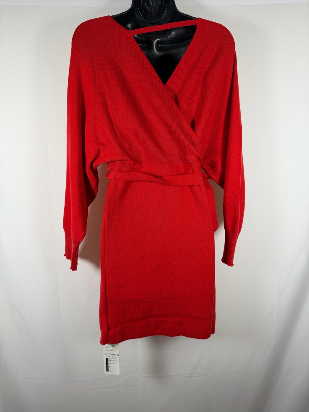 NWT Red Long-Sleeve Sweater Wrap Dress with Self-Tie Belt - Picture 5 of 9